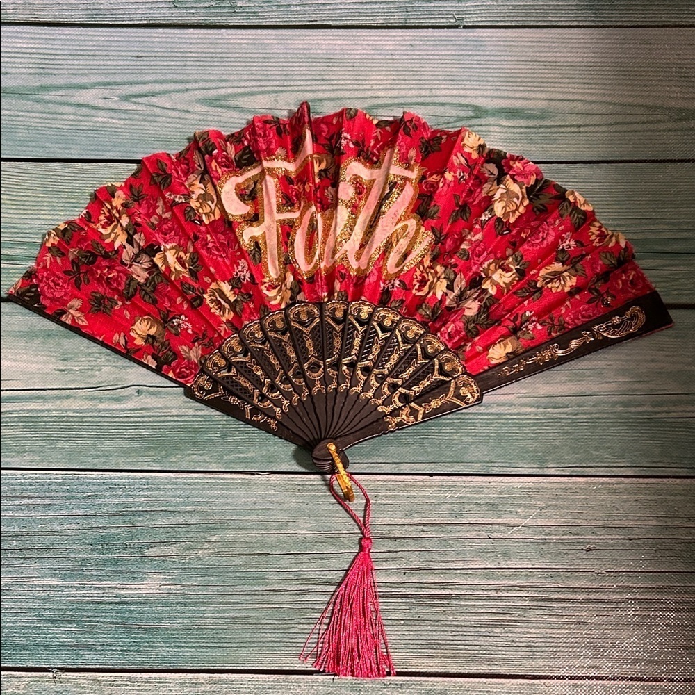 Floral Red Hand Fan with Gold Accents